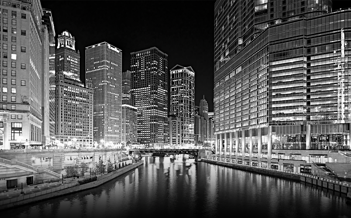 city of chicago in black and white photography